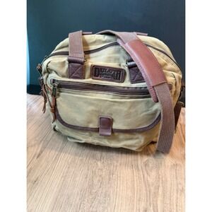 Duluth Trading Co Khaki Oilcloth Canvas Leather Trim Messenger Laptop Bag Field
